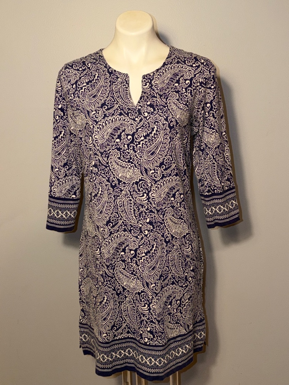 Coolibar Ladies Oceanside Tunic Dress with 3/4 Sleeve Navy Paisley Print medium